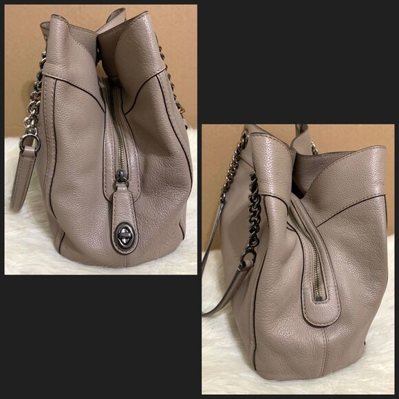COACH Stone Gray/Gunmetal Leather Triple EntryTurnlock EDIE Chain Tote #36855 - Picture 4 of 16